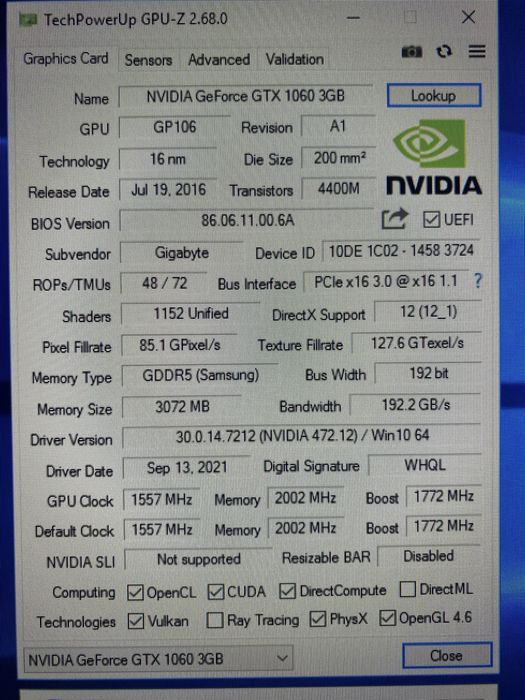 Видеокарта NVIDIA GeForce 1060 3GB