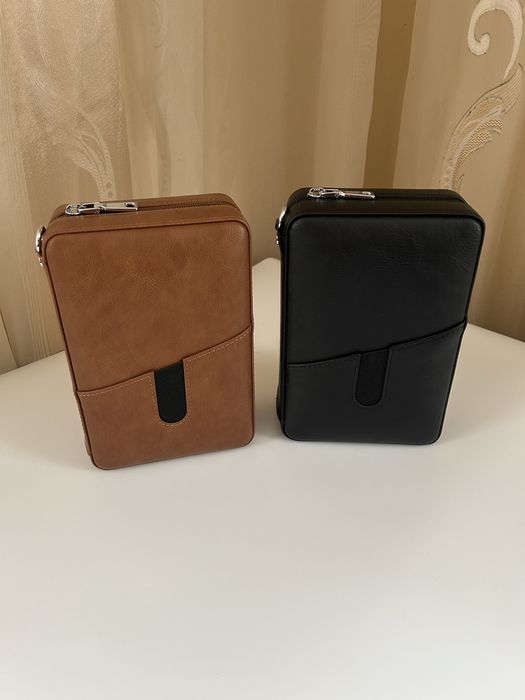 Преносим хумидор от естествена кожа за 6 пури – черен/кафяв