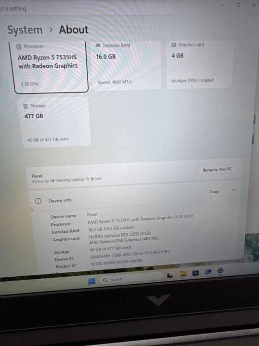 HP Victus 15 512GB RTX 2050 Windows 11 pro