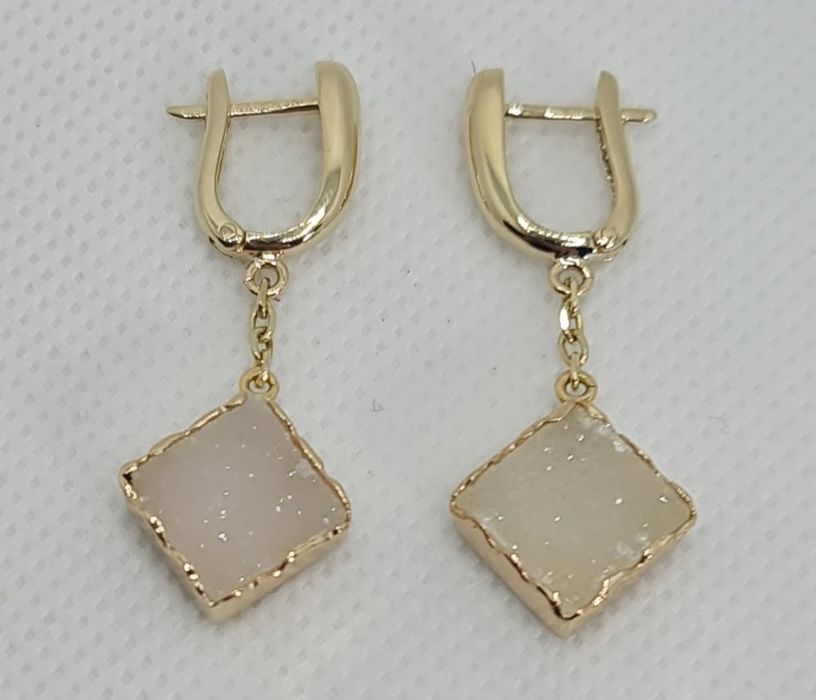 Cercei hamdmadi aur galben 14k cu druzy quartz natural