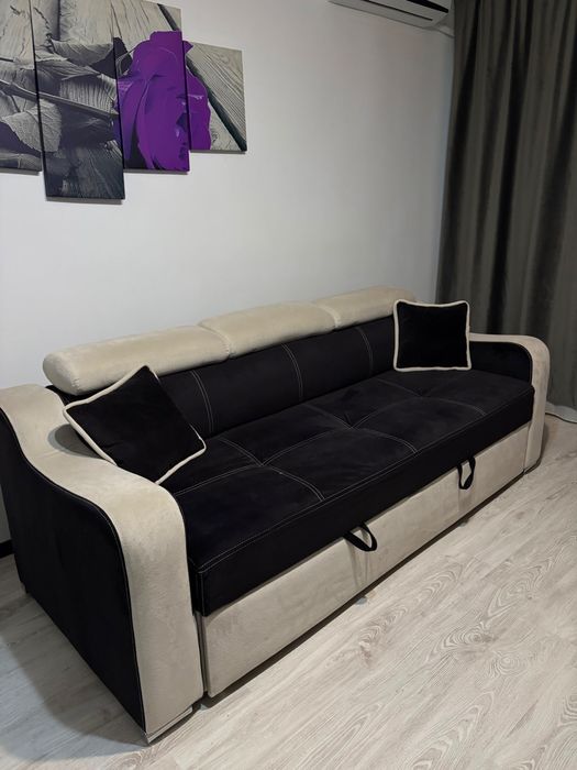 Canapea 3 locuri extensibila, Giulia II Alb/Negru, saltea Relaxa, lungime 225 cm