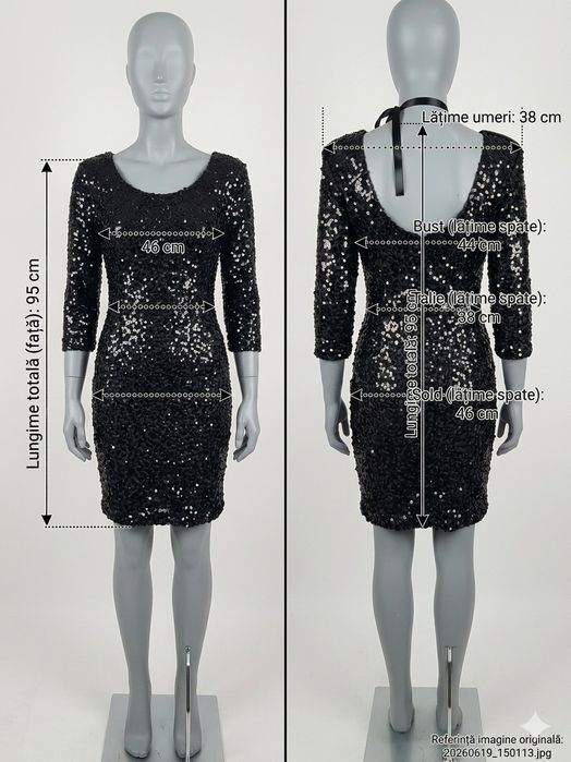Rochie mrochie  paiete roz – Mărime S-M
​Mărime: M (40)
​Dimensiuni: Bust 88 cm, Talie 72 cm, Șolduri 94 cm
​Lungime totală: 85 cm
​Stare: Nouă/Impeca