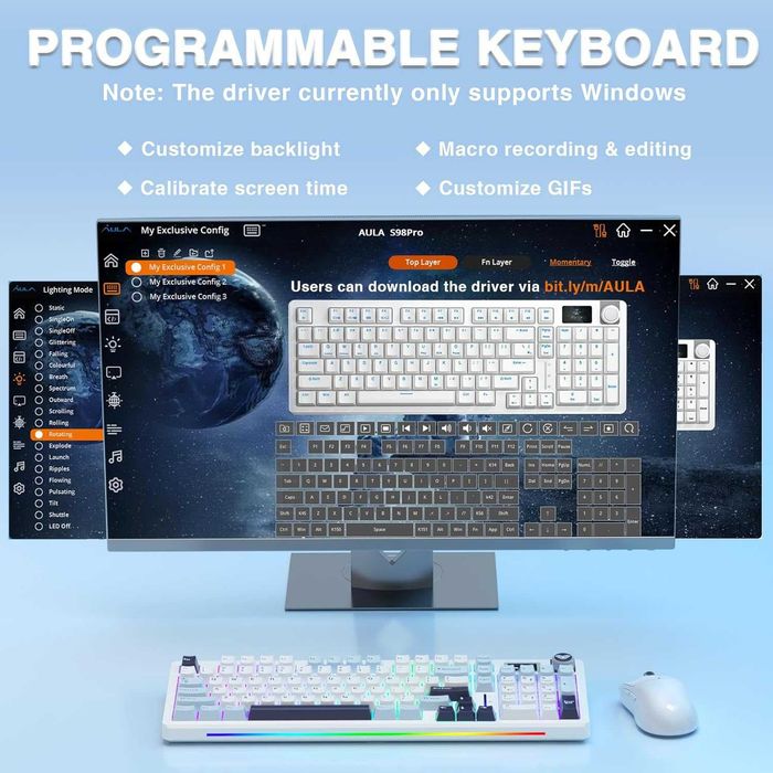 Механична клавиатура AULA S98 Pro White&Blue RGB дисплей