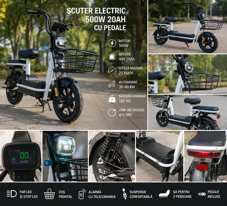 Scuter electric cu pedale 500W, baterie 48V 20Ah – ideal pentru oraș
