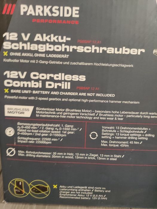 Bormasina cu percutie Parkside Performance pe acumulator de 12 V