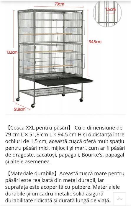 Colivie metalică , H=94,5 cm ,spațioasă, durabila