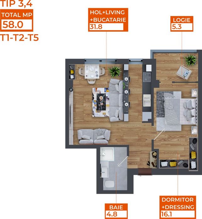 Apartament 2 Camere | TIP 4 | 58mp | Complex Comat Towers