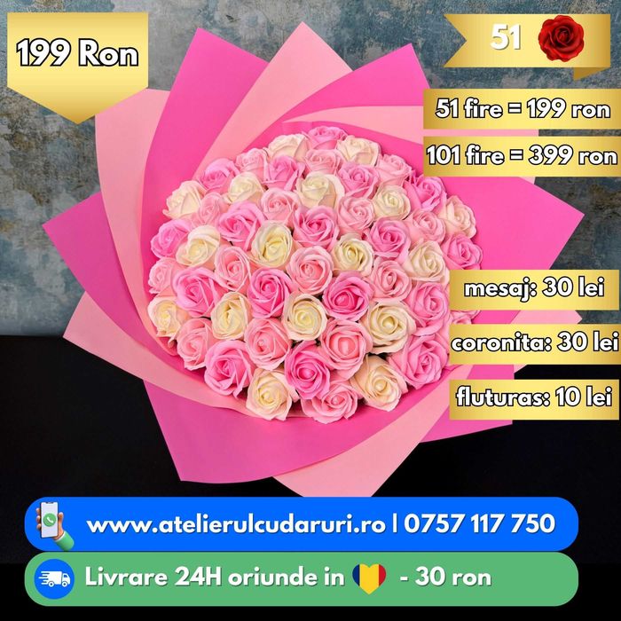 Buchete trandafiri din sapun personalizate + cu sclipici