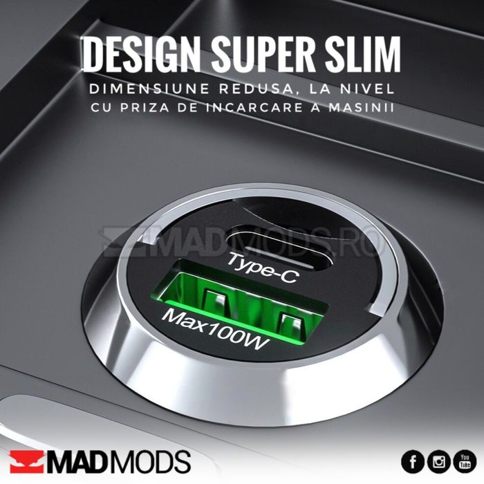 Incarcator auto mini slim Fast charge 100W, USB A si USB Tip C, Negru