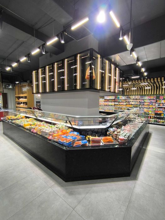 Супермаркет учун стеллаж, горка, витрина, холодильник, касса