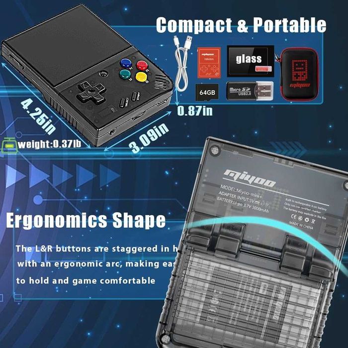 Ретро конзола Miyoo Mini Plus (64GB) + Калъф - Сива (Retro Gray)