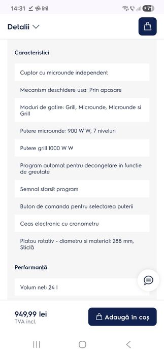 Cuptor cu microunde cu Grill 900 / 1000 W 24 l Electrolux