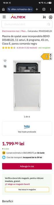 Masina de spalat vase incorporabila Beko DIS48120, 11 seturi, 8 programe, inca in  garantie, Motor ProSmart™Inverter Extra Drying AquaIntense 45 cm