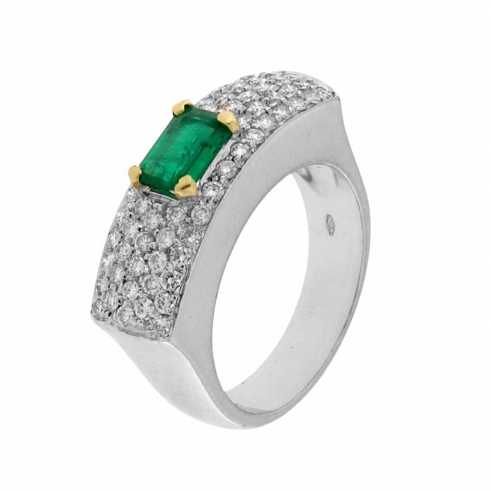 Inel din aur alb 18k cu smarald natural si diamante naturale, IAU754