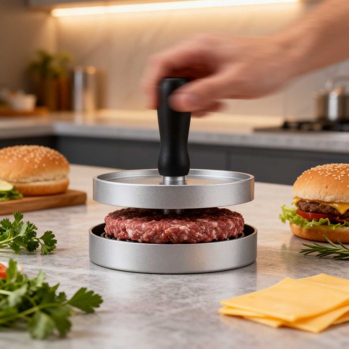 Presa hamburger aluminiu 11 x 8 cm forma burgeri cu maner ergonomic