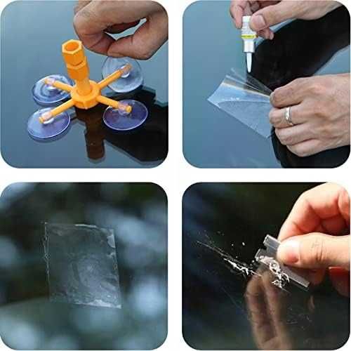 Kit reparatie parbriz auto cu rasina aplicator ventuza folie si lama