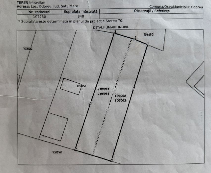 Ofer spre vanzare Teren intravilan 840 m2 ultracentral în Odoreu