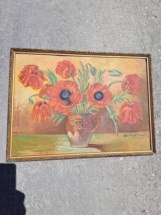 tablou romanesc pictura pe carton gros 59/39 cm semnat Ath Popescu
