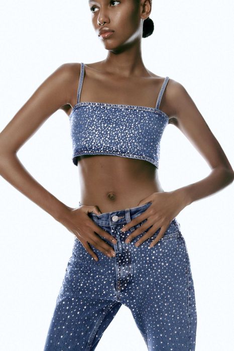 Дънков топ с камъни Zara, XS-S