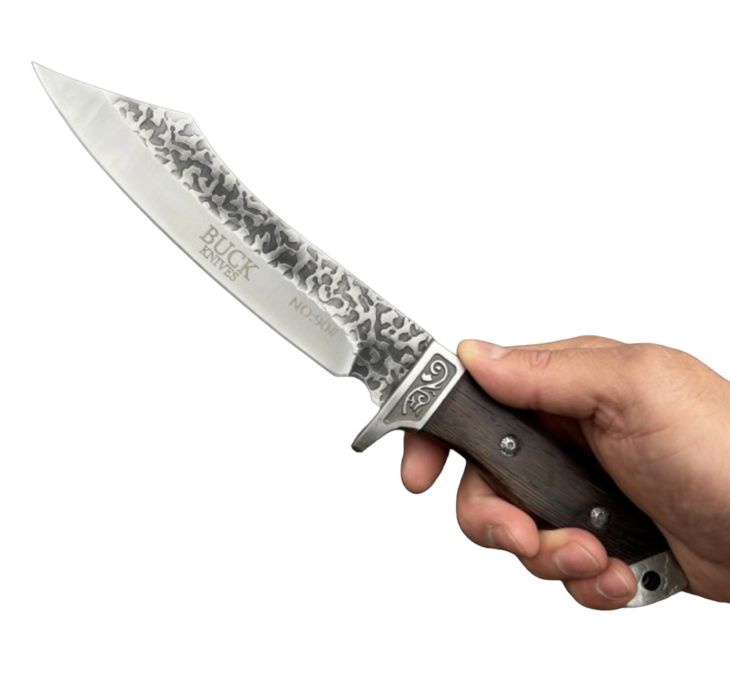 Ловен нож с обковано острие и дървена дръжка+кожена кания  30 см