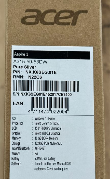 Laptop Acer Aspire 3 A315-59 15.6” Silver i5 16GB 1TB Nou Sigilat