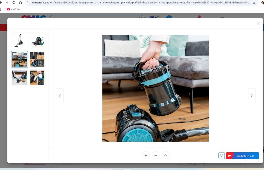 Aspirator fara sac, 800W, Ciclon, duza pentru parchet si mocheta, recipient de praf 2 litri, cablu de 4,8m, gri petrol/negru