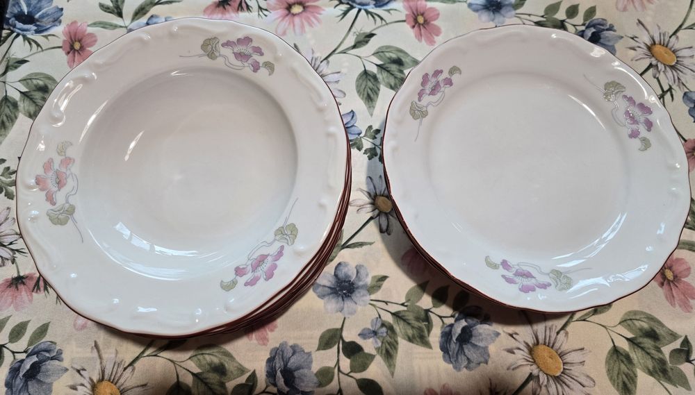 Порцеланови чинии "Изида" с бароков релеф
8 бр. дълбоки, 
6 бр. плитки