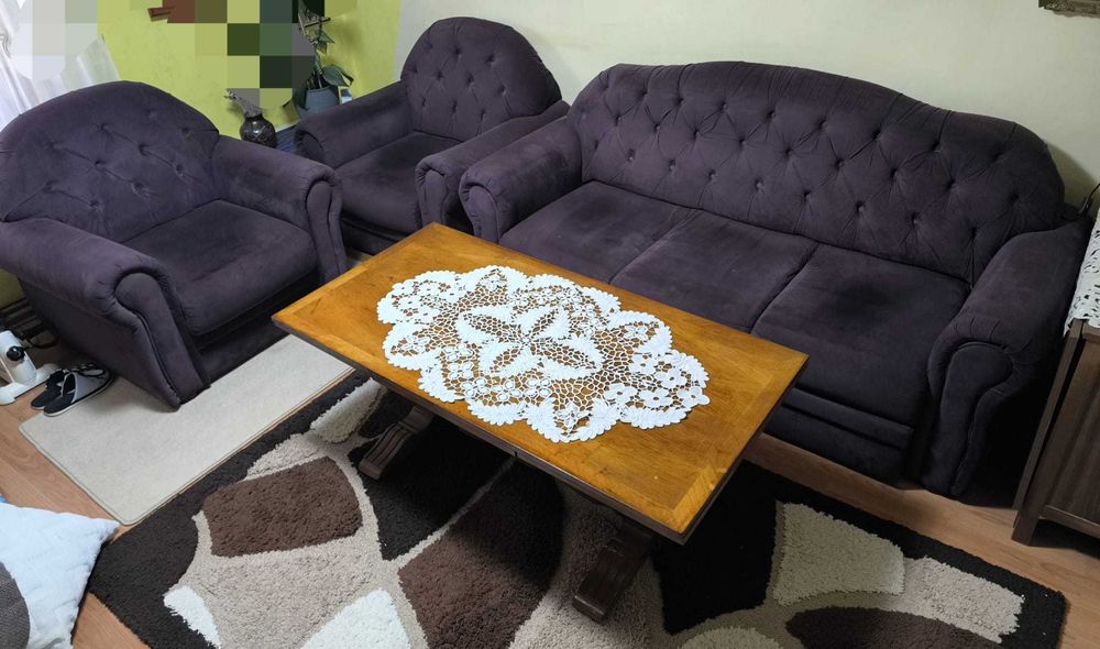 Set canapea extensibilă+ 2 fotolii fixe,tapițerie catifea mov închis
