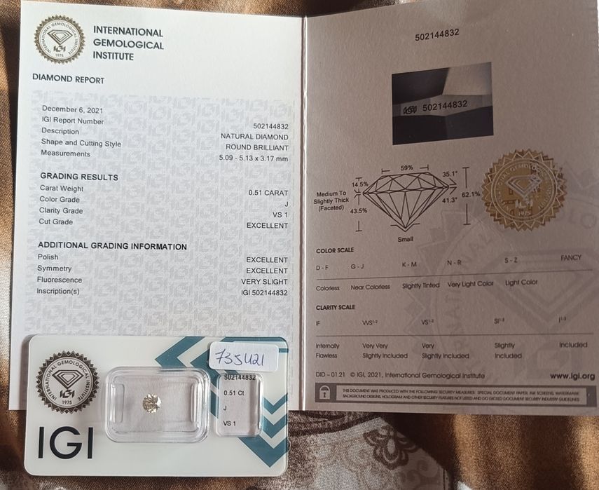 Diamant Natural 0.51 ct VS1 J Round Brilliant IGI Triple Excellent