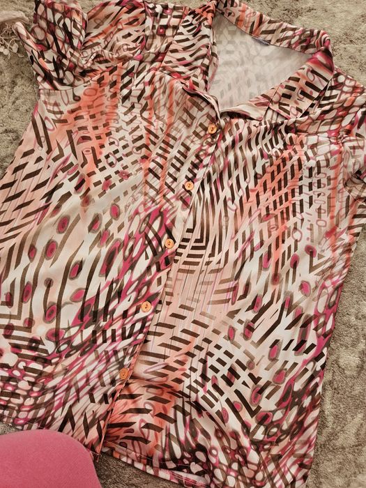 Розова шарена риза блуза с яка и къс ръкав бонус шал подарък