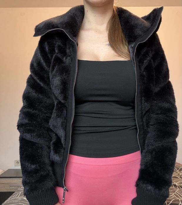 Дамско черно яке/палто с Еко косъм  Sia Mia