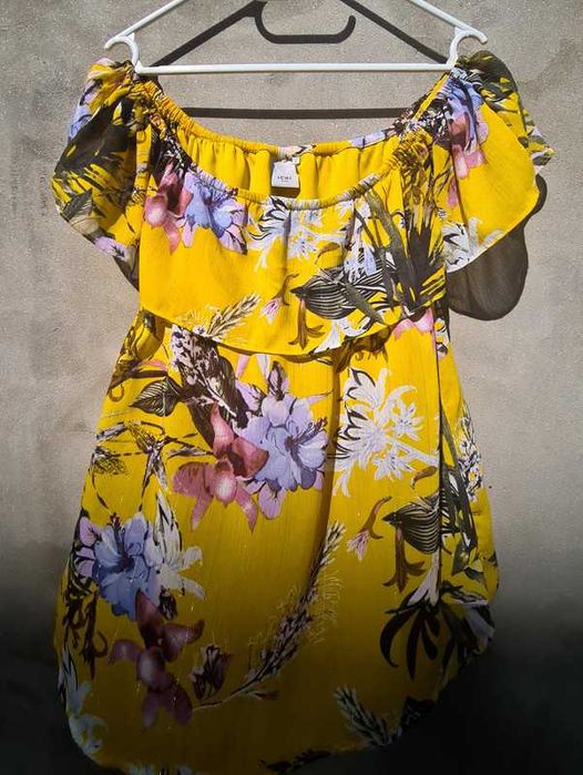 Bluza damă ICHI galben muștar cu volane, model bardot, mărime S