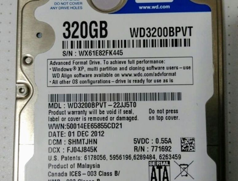 Hard Disk DEFECT WD 320 GB SATA Laptop ( WD3200BPVT - 22JJ5T0 ) HDD
