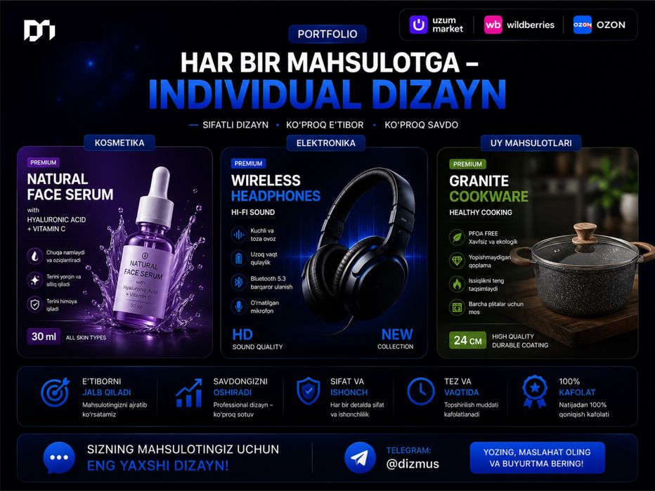 Дизайн карточек для Uzum, Wildberries, Ozon