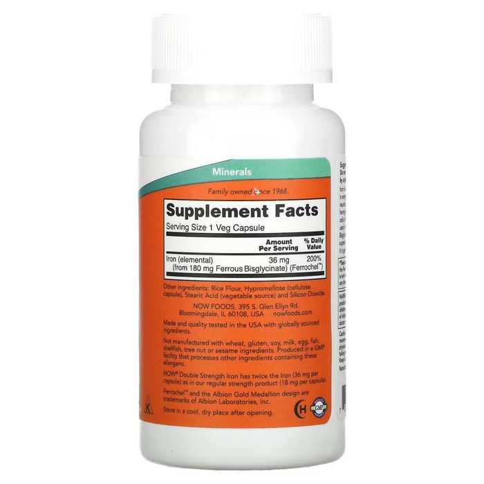 NOW Foods железо 36 мг, iron 36 mg