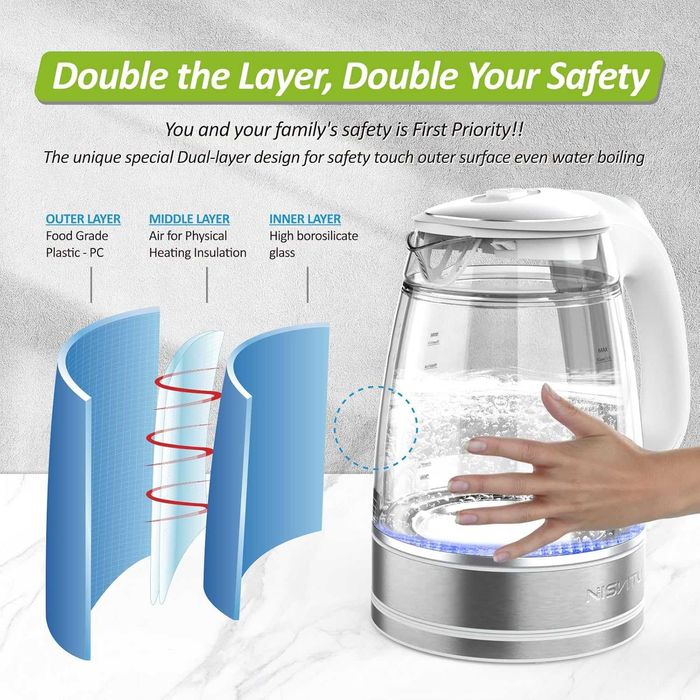NISVITU Безжична електрическа кана от стъкло и неръждаема стомана за вряща вода