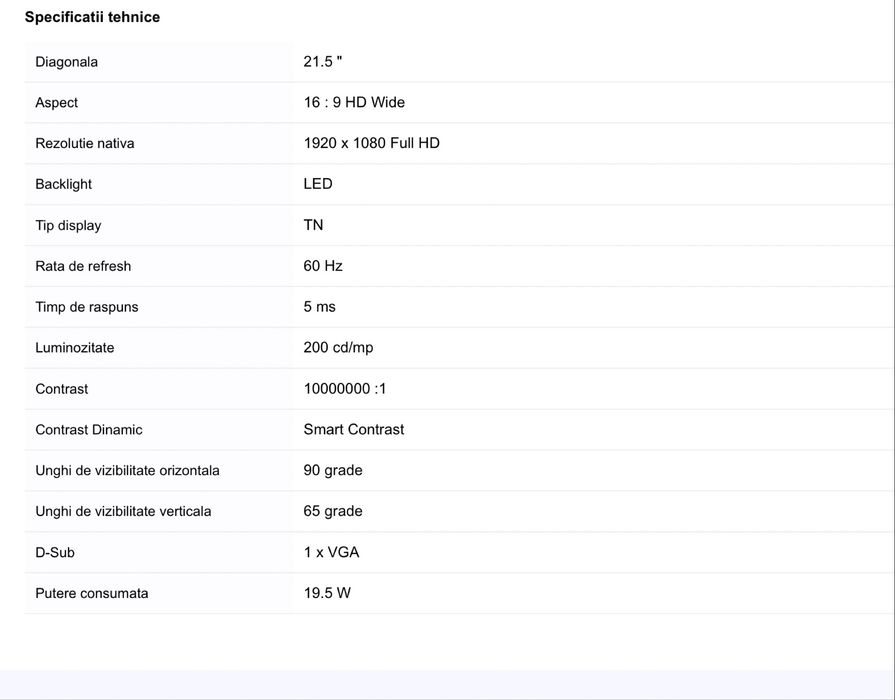 Monitor Philips 22" Full HD + Adaptor HDMI