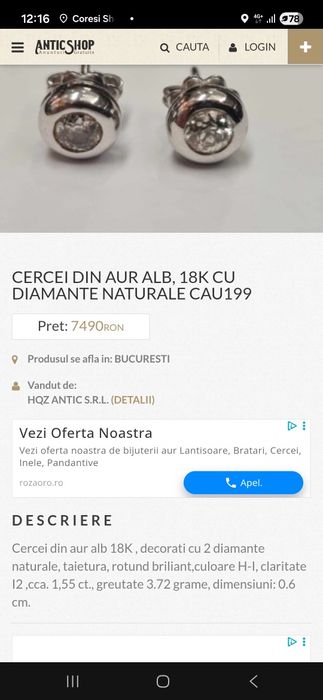 Cercei din aur de 18 carate, decorati cu diamante naturale