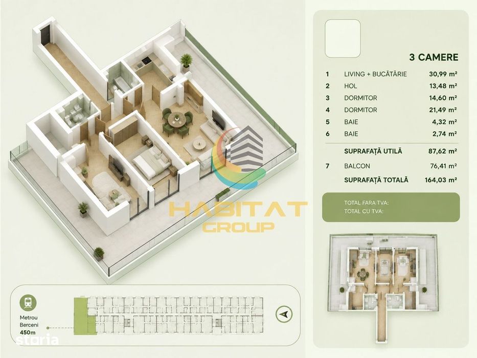 Vânzare Apartament 3 camere | Terasa 75 mp | Popești Leordeni | Metrou