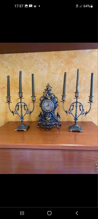 ceas din bronz si perechea de sfesnice bronz masiv