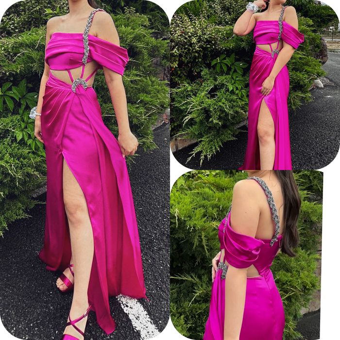 Елегантна дълга цикламена рокля със цепка