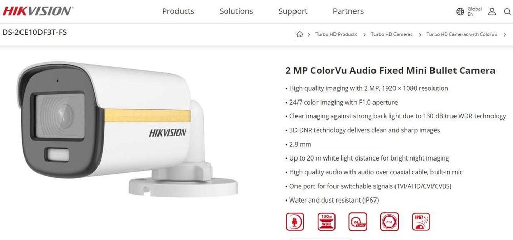 6в1 Камера с ColorVu Технология и бяло LED Нощно Осветление HIKVISION HD-TVI HD-AHD HD-CVI CVBS Със собствен джойстик бутон превключвател на режимите!