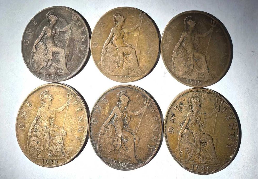 Lot 6 monede Monede Vechi One Penny Marea Britanie (1912-1936) - Regele George V”.