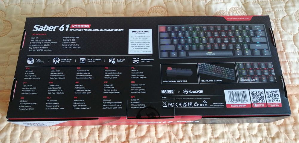 Tastatura Gaming Mecanica MARVO KG933G, USB, Layout US, negru, aproape noua, cu garantie