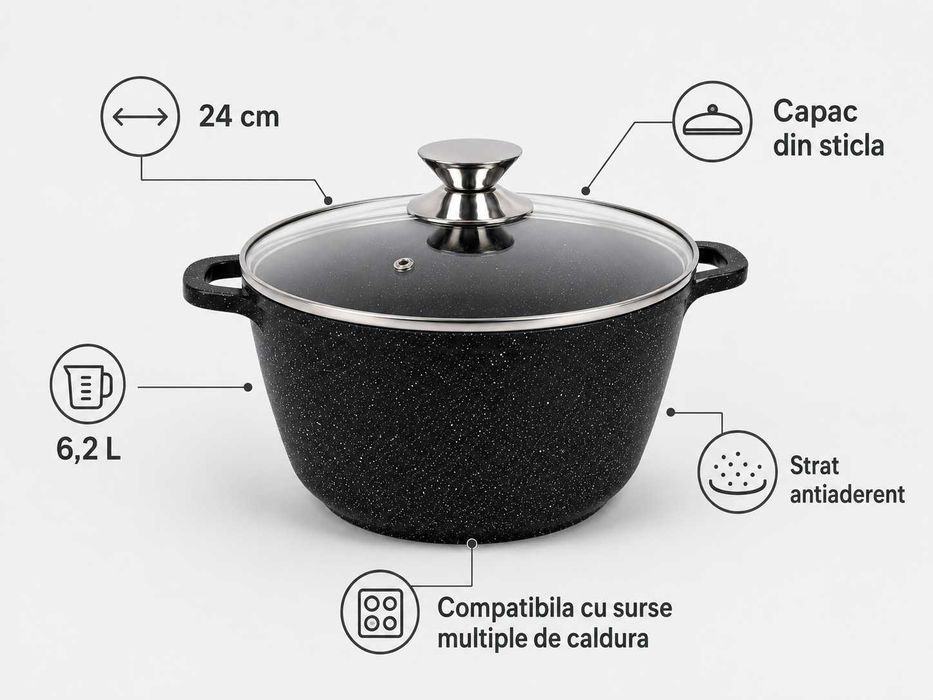 Oala marmorata 24 cm 6,2 L cu capac din sticla