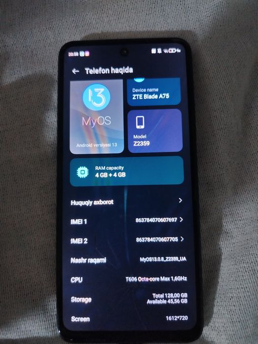 ZTE BILADE 4+4-opirativ 128 xotira