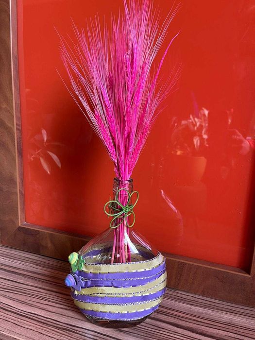 Vază decorativă din sticlă cu aranjament floral uscat, handmade