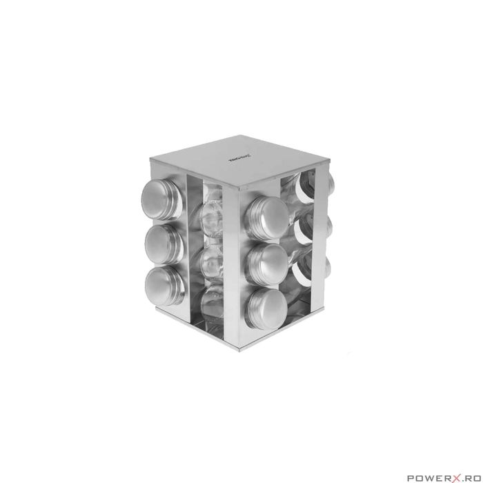 Set 12 recipiente pentru condimente, cu suport, inox si sticla,