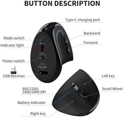 Нова Вертикална Bluetooth мишка Uineer 800-2400 DPI Type-C, лека, тиха