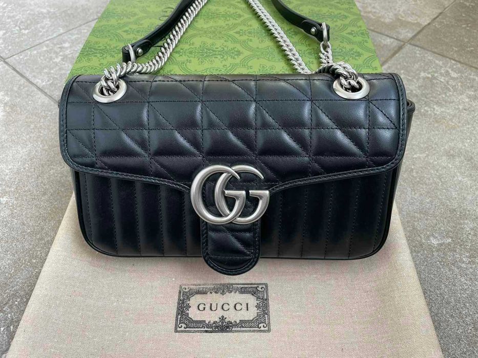 Geantă Gucci din piele neagră originală Gucci Marmont, mâner și lanț